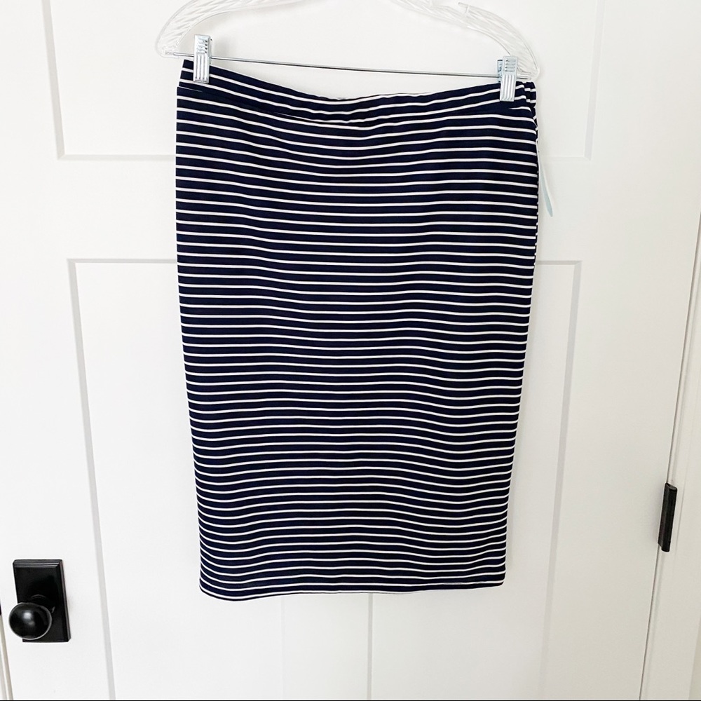 NWT Klassy Girl navy and white striped midi pencil skirt size small